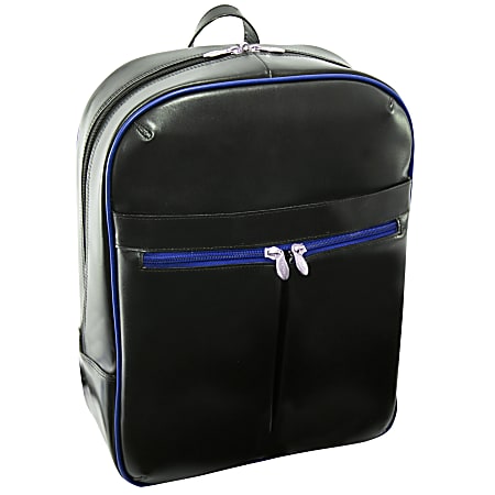 McKleinUSA Edison L Series Leather Laptop Backpack, Black/Navy Trim