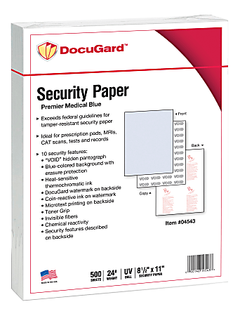 DocuGard Premier Medical 10 Medical Prescription Papers And Business Checks, Letter Size (8 1/2" x 11"), Ream Of 500 Sheets, 1-Part, Blue