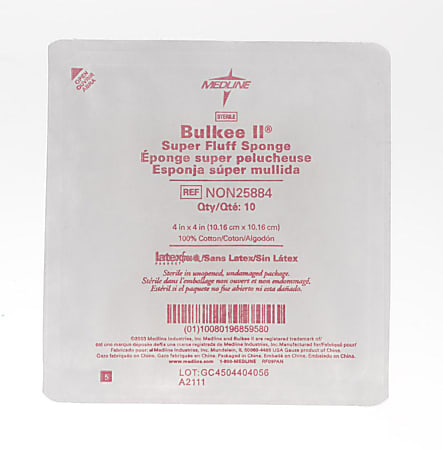 Medline Bulkee Super Fluff Sterile Sponges, 4" x 4", White, 10 Sponges Per Tray, Case Of 128 Trays