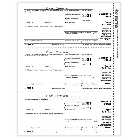 ComplyRight™ 1099-C Tax Forms, 3-Up, Creditor Copy C, Laser, 8-1/2" x 11", Pack Of 150 Forms