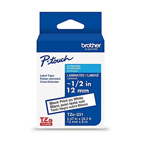 Brother P-touch TZe231, Laminated, 1/2" x 26.2 ft (12mm x 8m), Black on White Label Tape