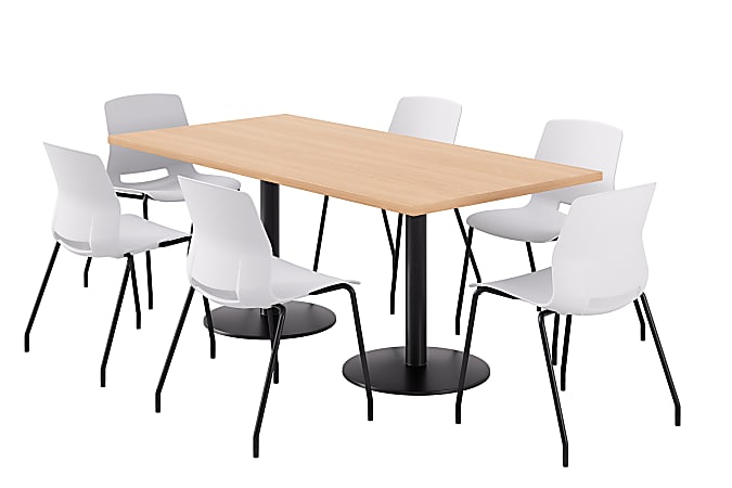 KFI Studios Proof Rectangle Pedestal Table With Imme Chairs, 31-3/4”H x 72”W x 36”D, Maple Top/Black Base/White Chairs