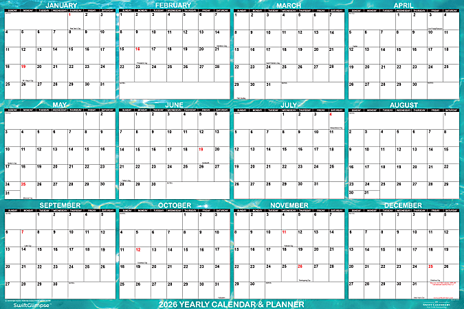 2026 SwiftGlimpse Designer Wall Calendar, 24" x 36", Turquoise Cool Green/White, January To December