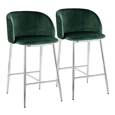 LumiSource Fran Pleated Fixed-Height Counter Stools, Waves, Green/Chrome, Set Of 2 Stools