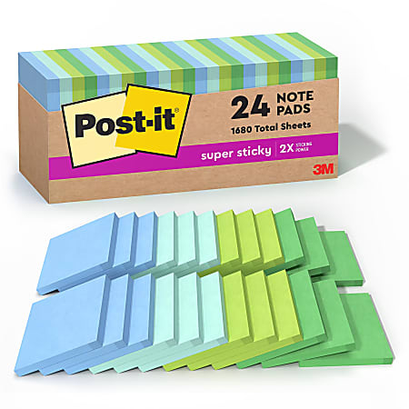 Post-it® Recycled Super Sticky Notes, 3 in x 3 in, 24 Pads, 70 Sheets/Pad, 30% Recycled, 2x the Sticking Power, Back to School Supplies for Students, Sticky Notes for Textbooks, Notebooks, Walls and Vertical Surfaces, Oasis Collection