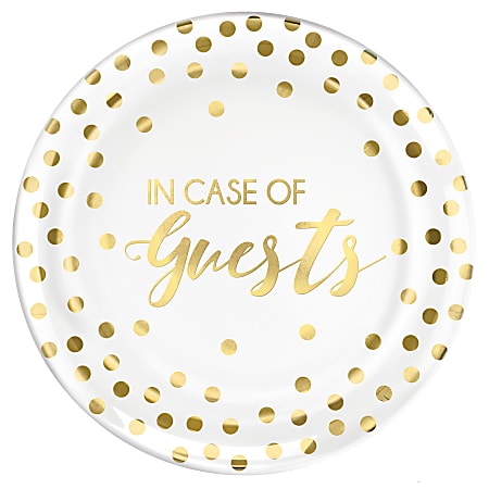Amscan In Case Of Guests Plastic Dinner Plates, 7-1/2", White/Gold, Pack Of 20 Plates