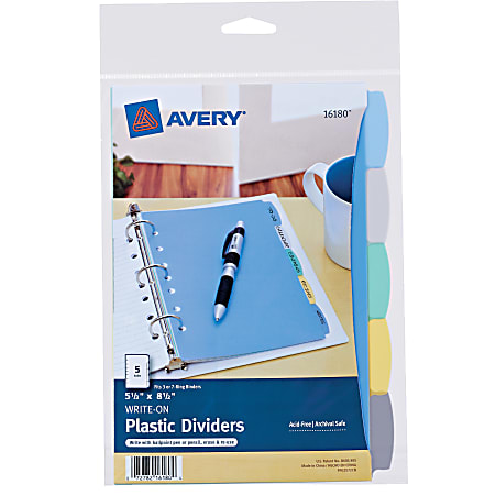 Avery® Write & Erase Plastic Dividers, 5 1/2" x 8 1/2", Multicolor, 5-Tab