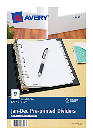 Avery® Mini Preprinted Dividers, 5-1/2" x 8-1/2", 12-Tab (Jan.-Dec.), White, 1 Set