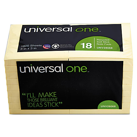 Universal® Sticky Notes, 3" x 3", 30% Recycled, Yellow, 100 Sheets Per Pad, Pack Of 18 Pads