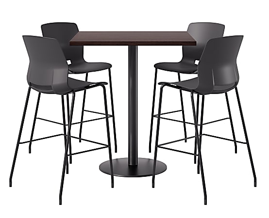 KFI Studios Proof Bistro Square Pedestal Table With Imme Bar Stools, Includes 4 Stools, 43-1/2”H x 42”W x 42”D, Cafelle Top/Black Base/Black Chairs