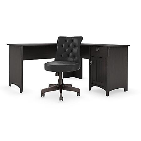 Bush Business Furniture Salinas 60"W L-Shaped Corner Desk With Mid-Back Tufted Office Chair, Vintage Black, Standard Delivery