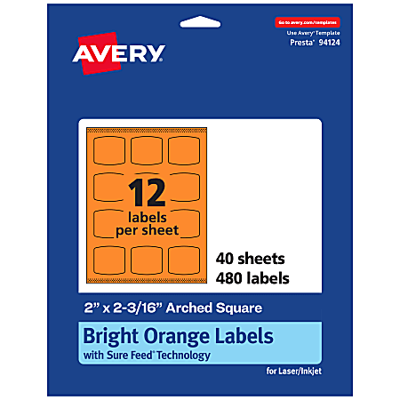 Avery® Print-To-The-Edge Labels With Sure Feed® Technology, 94124-BOP40, Arched Square, 2" x 2-3/16", Matte Bright Orange, Pack of 480