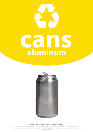 Recycle Across America Aluminum Cans Standardized Recycling Labels, CANS-1007, 10" x 7", Yellow