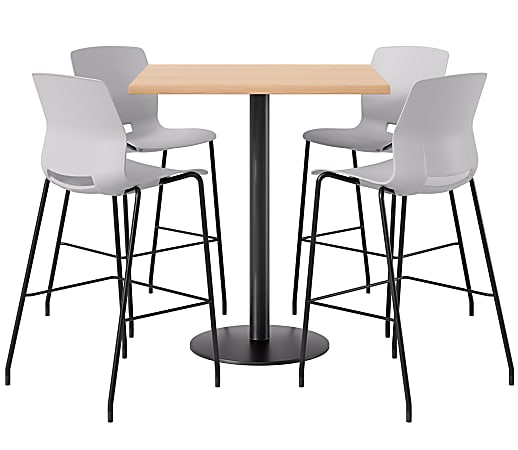 KFI Studios Proof Bistro Square Pedestal Table With Imme Bar Stools, Includes 4 Stools, 43-1/2”H x 42”W x 42”D, Maple Top/Black Base/Light Gray Chairs