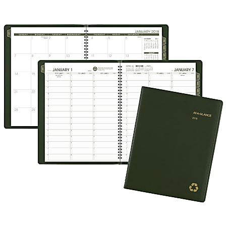 AT-A-GLANCE® Weekly/Monthly Appointment Book, 8 1/4" x 10 7/8", 100% Recycled, Green, January to December 2018 (70950G60-18)