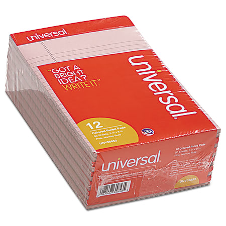 Universal® Color Perforated Notepads, 5" x 8", Narrow Ruled, 100 Pages (50 Sheets), Pink, Pack Of 12