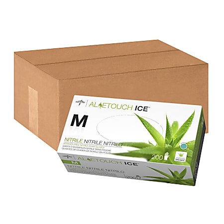 Medline Aloetouch Ice Powder-Free Nitrile Exam Gloves, Medium, Green, 200 Gloves Per Pack, Box Of 10 Packs