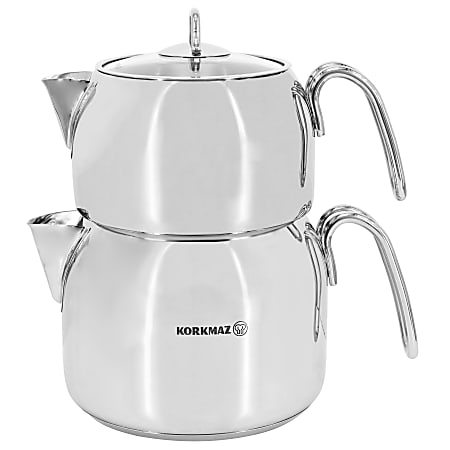 Korkmaz Perla Maxi Stainless Steel Tea Pot And Kettle Set, 18L, Silver