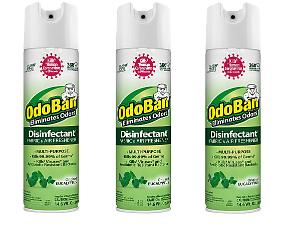 OdoBan Ready-to-Use 360-Degree Continuous Spray Disinfectant Cleaner and Odor Eliminator, Original Eucalyptus Scent, 14.6 Oz, Set Of 3 Spray Cans