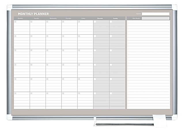 MasterVision® Gold Ultra™ Magnetic Dry-Erase Monthly Calendar Planning Board, Lacquered Steel, 36" x 24", White/Plate Gray, Silver Aluminum Frame