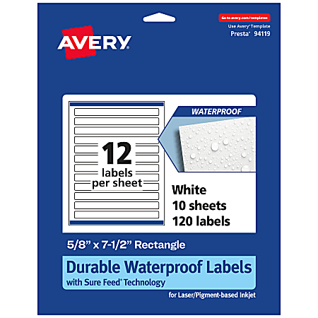 Avery® Waterproof Permanent Labels With Sure Feed®, 94119-WMF10, Rectangle, 5/8" x 7-1/2", White, Pack Of 120