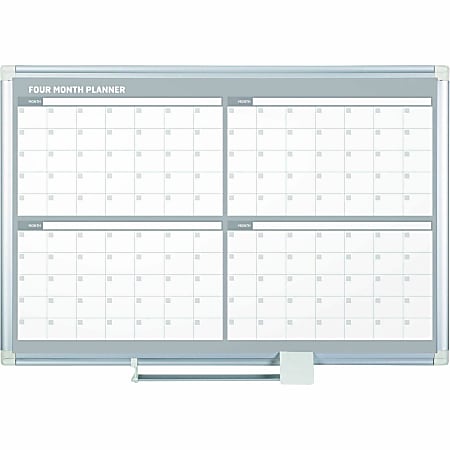 MasterVision Magnetic Gold Ultra 4 Month Planner - Monthly - 4 Month - Silver, White - Aluminum - 36" Height x 48" Width - Scratch Resistant, Ghost Resistant, Accessory Tray, Dry Erase Surface, Heavy Duty, Magnetic - 1 Each