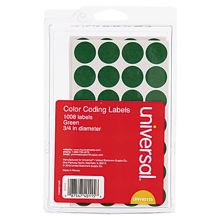 Universal® Self™Adhesive Removable Color™Coding Labels, UNV40115, Round, 3/4" Diameter, Green, Pack Of 1,008