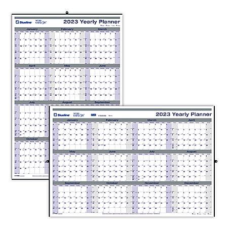 Blueline® Yearly Laminated Wall Calendar, 24" x 36", 50% Recycled, Blue/White, January To December 2023, C177868