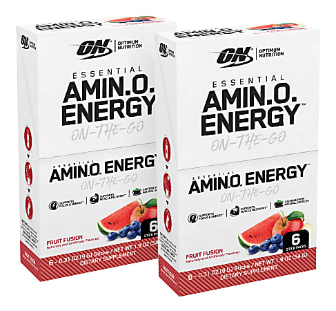 Optimum Nutrition Essential Amino Energy Stick Packs, 0.31 Oz, Fruit Fusion, 6 Sticks Per Box, Pack Of 2 Boxes