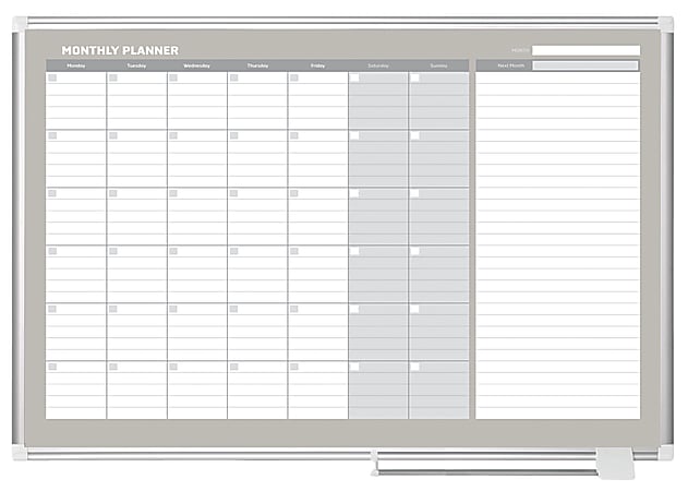 MasterVision® Gold Ultra™ Magnetic Dry-Erase Monthly Calendar Planning Board, Lacquered Steel, 48" x 36", White/Plate Gray, Silver Aluminum Frame