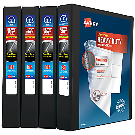 Avery® Heavy-Duty View 3 Ring Binders, 1" One Touch Slant Rings, Black, Pack Of 4