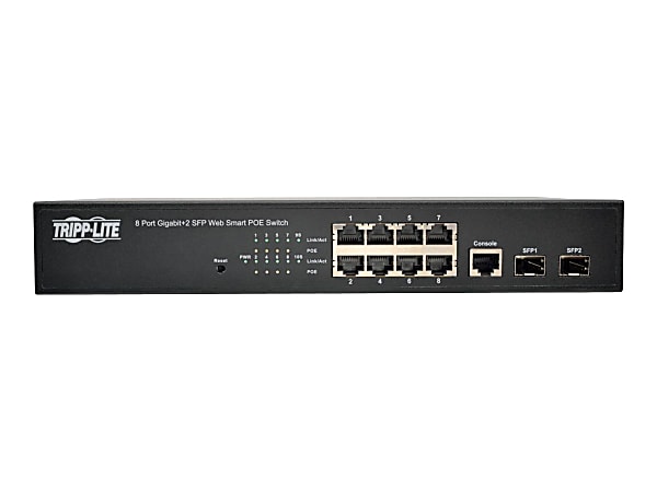 Tripp Lite 8-Port Gigabit Ethernet Switch L2 Managed w/ PoE 10/100/1000Mbps - 8 x Gigabit Ethernet Network, 2 x Gigabit Ethernet Expansion Slot - Manageable - Twisted Pair, Optical Fiber - Modular - 2 Layer Supported