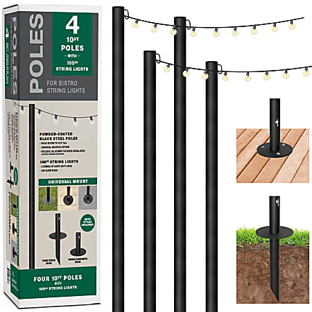 Global Outdoor String Light Poles With 100-Light 100’ LED Plug-In Globe Bulb String Lights, 10’, Black, Pack Of 4 Light Poles