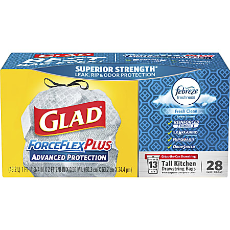 Glad Tall Kitchen Drawstring Trash Bags - ForceFlexPlus Advanced Protection - Fresh Clean with Febreze Freshness - 13 gal - 23.75" Width x 24.88" Length - Gray - 1Each - 28 Per Box - Kitchen