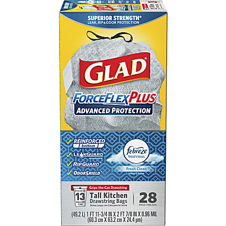 Glad ForceFlex Tall Kitchen Drawstring Trash Bags 0.72 mil 13 Gallon White Box of 120 Bags - ODP Business Solutions