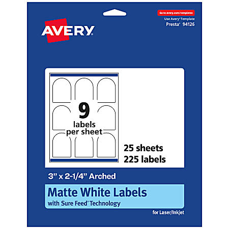 Avery® Permanent Labels With Sure Feed®, 94126-WMP25, Arched, 3" x 2-1/4", White, Pack Of 225