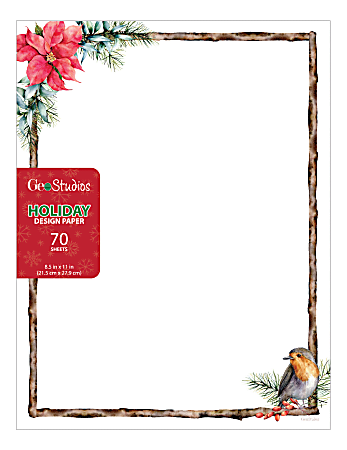 Geo Studios Holiday-Themed Letterhead Paper, Letter Size, Poinsettia/Bird, Pack Of 70 Sheets