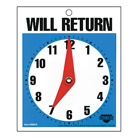 Cosco® Will Return Clock Sign, 5" X 6", Blue/White