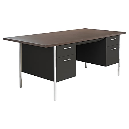 Alera Double Pedestal Desk, Black/Walnut