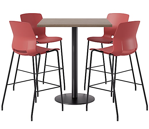 KFI Studios Proof Bistro Square Pedestal Table With Imme Bar Stools, Includes 4 Stools, 43-1/2”H x 36”W x 36”D, Studio Teak Top/Black Base/Coral Chairs