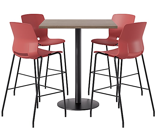 KFI Studios Proof Bistro Square Pedestal Table, Includes 4 Stools, 43-1/2”H x 36”W x 36”D, Studio Teak Top/Black Base/Coral Chairs - 840031941084