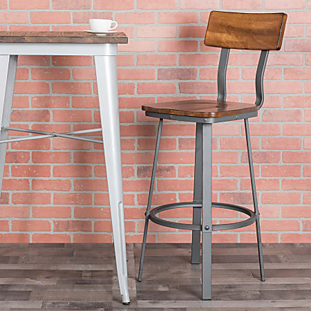 Flash Furniture Restaurant Wood/Metal Barstool With Back, Rustic Walnut/Gray