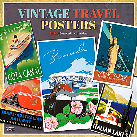 2026 BrownTrout Vintage Travel Posters Monthly Plastic-Free Square Wall Calendar, January to December 2026, 9798330706143 - 9798330706143