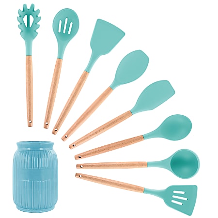 MegaChef 9-Piece Silicone And Wood Cooking Utensil Set, Light Teal