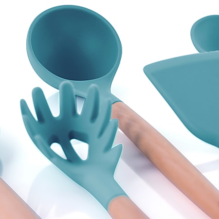 Light Teal Silicone and Wood Cooking Utensils (Set of 9)