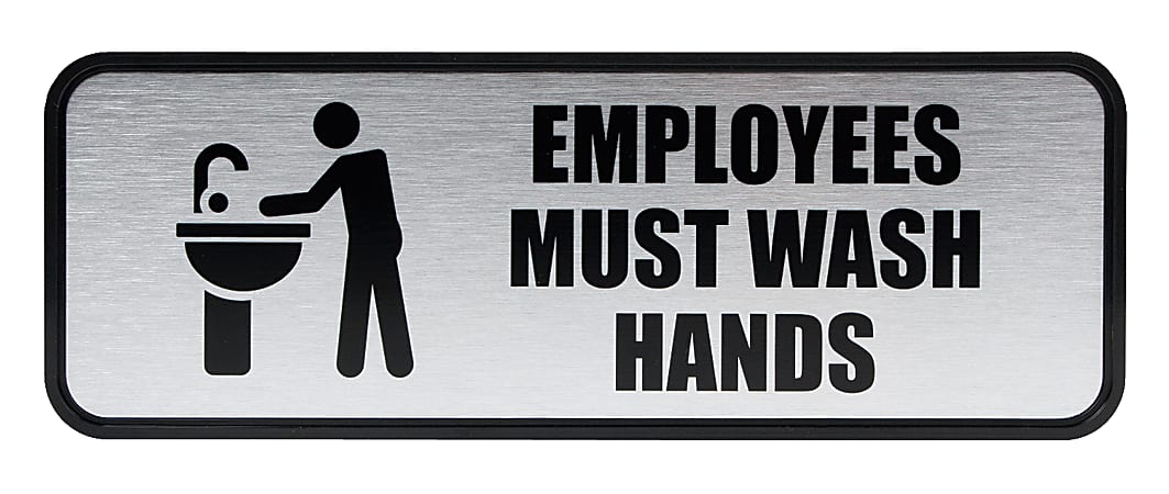 Cosco® Brushed Metal "Employees Must Wash Hands" Sign, 3" x 9", Silver