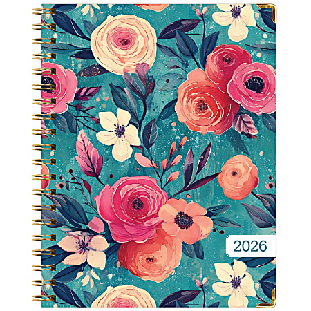 2025-2026 Global Excello Brands Hardcover Fashion Weekly/Monthly Planner, 8-1/2” x 11", Teal Floral, November 2025 To December 2026