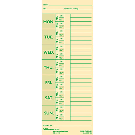 Office Depot® Brand Time Cards With Deductions, Weekly, Monday–Sunday Format, 2-Sided, 3 3/8" x 8 7/8", Manila, Pack Of 100