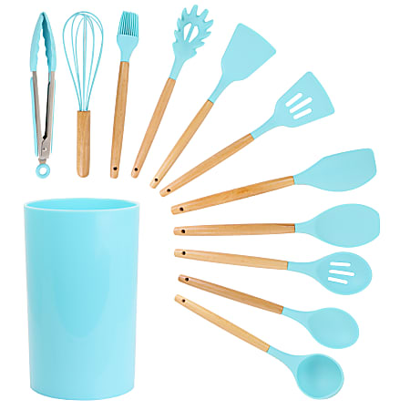 Light Teal Silicone and Wood Cooking Utensils (Set of 12)