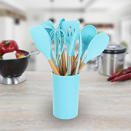 MegaChef 12 Piece Silicone And Wood Cooking Utensil Set Light Teal ...